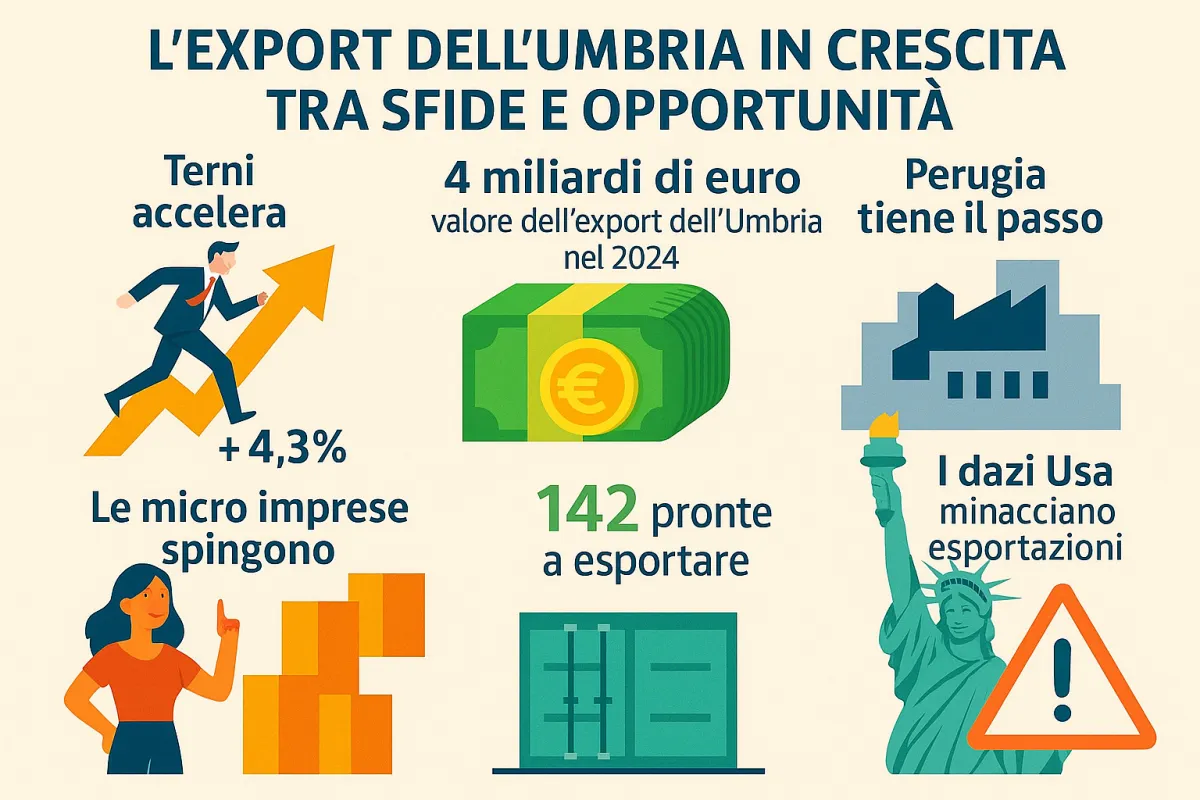 L’Umbria scommette sull’export: Terni accelera, Perugia tiene il passo. 4 miliardi di giro d'affari, ma i dazi USA impongono nuove rotte
