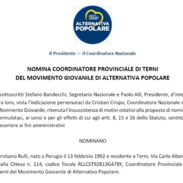 Alternativa Popolare nomina Cristiano Rulli Coordinatore Provinciale movimento giovanile di Terni