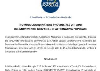 Alternativa Popolare nomina Cristiano Rulli Coordinatore Provinciale movimento giovanile di Terni