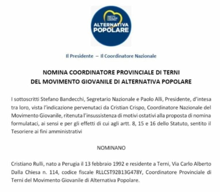 Alternativa Popolare nomina Cristiano Rulli Coordinatore Provinciale movimento giovanile di Terni