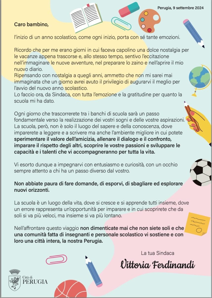 Sindaca Ferdinandi in una lettera ai bambini di Perugia: "La scuola è il luogo della vita"