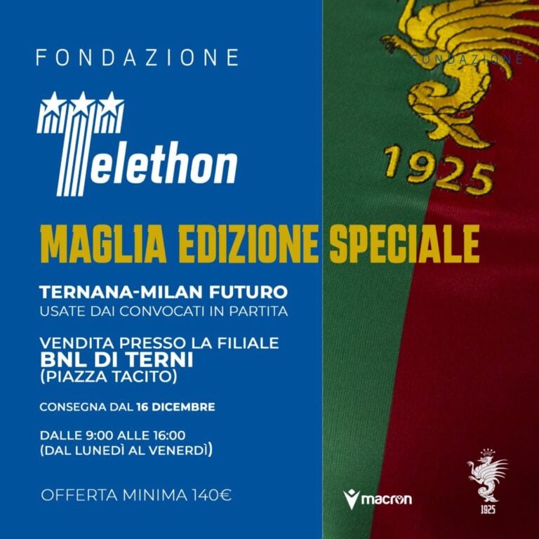 Ternana e Telethon, in vendita le maglie della gara con il Milan Futuro